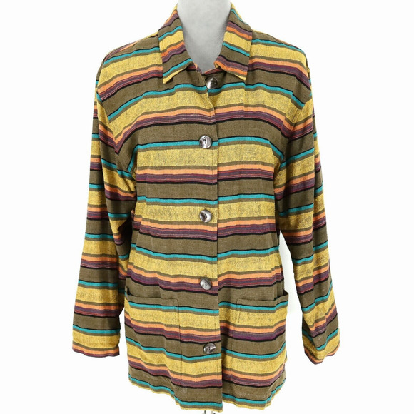 Chicos Design Jacket 1 Womens 8 Medium Silk Stripe Gold Green Shacket Vintage - Picture 1 of 14